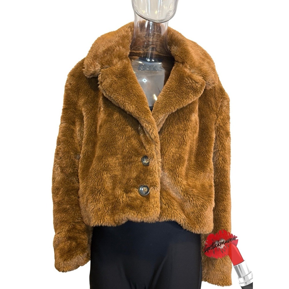 Vintage Free People Faux Fur Jacket Womens Small Brown Cropped Soft Fuzzy Y2K